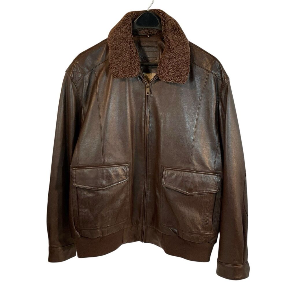 Brown Aviator Flight Jacket Lamb Skin Leather Fur Pilot Roundtree & Yorke Sz XL